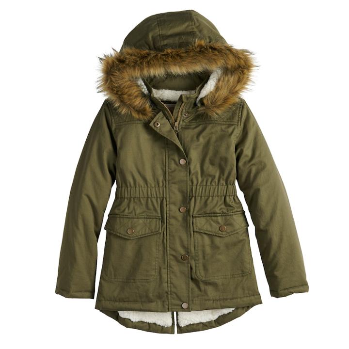 Girls 4-16 So&reg; Sherpa-lined Faux-fur Heavyweight Anorak Jacket, Size: 16, Green