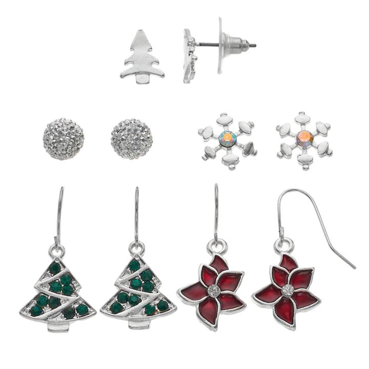 Christmas Tree, Poinsettia & Snowflake Nickel Free Earring Set, Women's, Multicolor