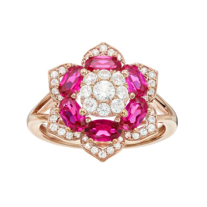 14k Rose Gold Over Silver Lab-created Ruby Flower Ring, Women's, Size: 6, Red