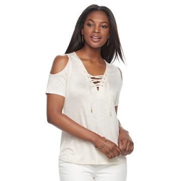 Women's Alex & Parker Lace-up Cold Shoulder Tee, Size: Medium, Lt Brown