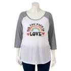 Juniors' Plus Size All You Need Is Love Raglan Graphic Tee, Girl's, Size: 3xl, White Oth
