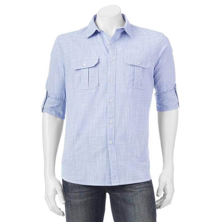 Men's Apt. 9&reg; Modern-fit Crosshatch Roll-tab Button-down Shirt, Size: Medium, Blue