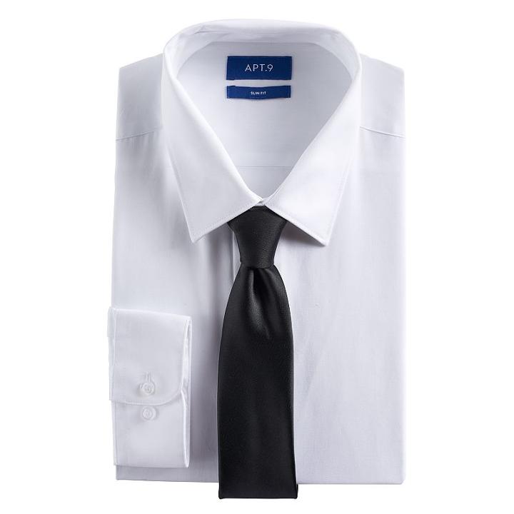 Men's Apt. 9&reg; Slim-fit Stretch Spread-collar Dress Shirt & Tie Set, Size: S 32-33, White