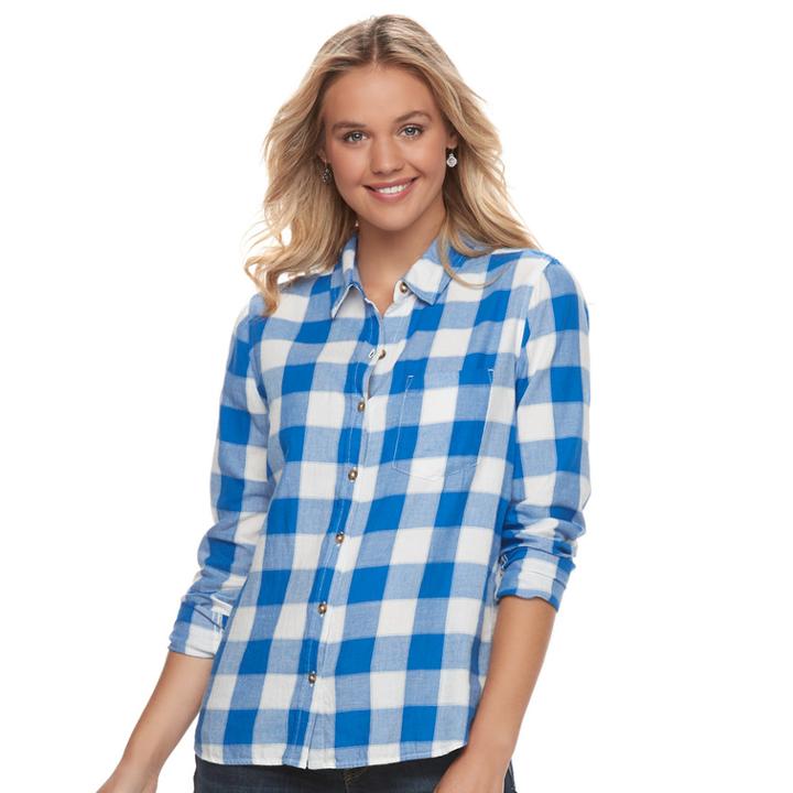 Juniors' So&reg; Pocket Plaid Flannel Shirt, Teens, Size: Large, Blue (navy)