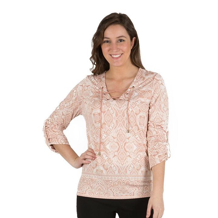 Women's Larry Levine Mosaic Lace-up Tee, Size: Medium, Med Pink