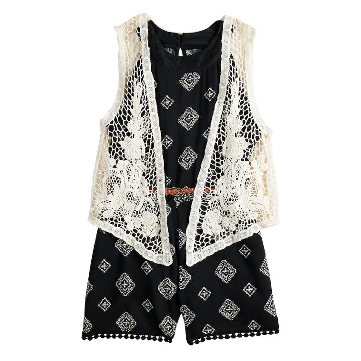 Girls 7-16 Beauteez Belted Romper & Crocheted Vest Set, Size: Large, Black