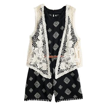 Girls 7-16 Beauteez Belted Romper & Crocheted Vest Set, Size: Large, Black