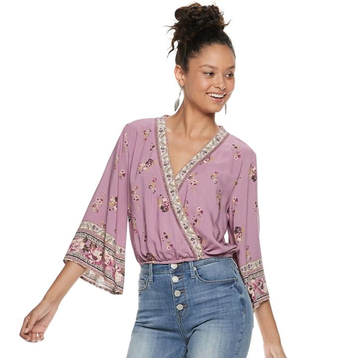 Juniors' Rewind Floral Surplice Top, Teens, Size: Large, Pink