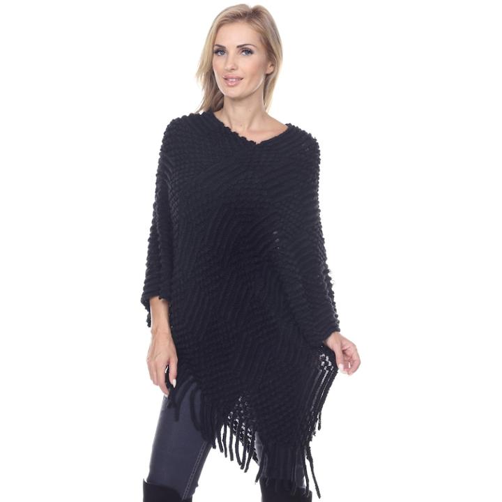 Women's White Mark Textured Fringe Poncho, Black