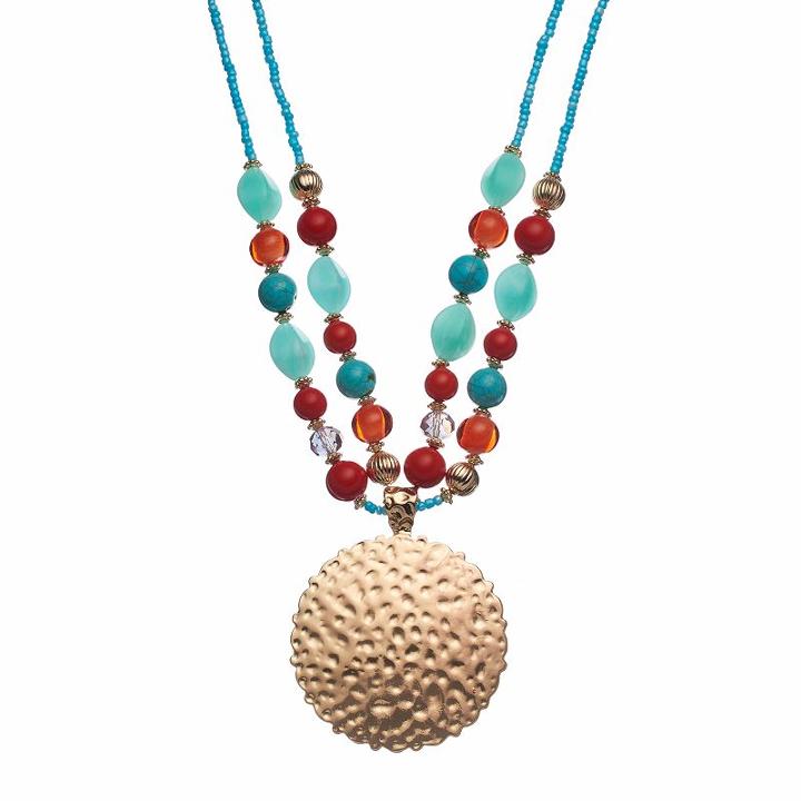 Textured Disc Pendant Beaded Double Strand Necklace, Women's, Multicolor