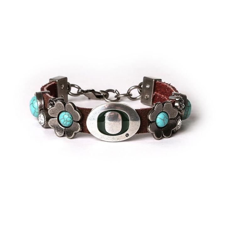 Women's Oregon Ducks Turquoise Flower Bracelet, Brown