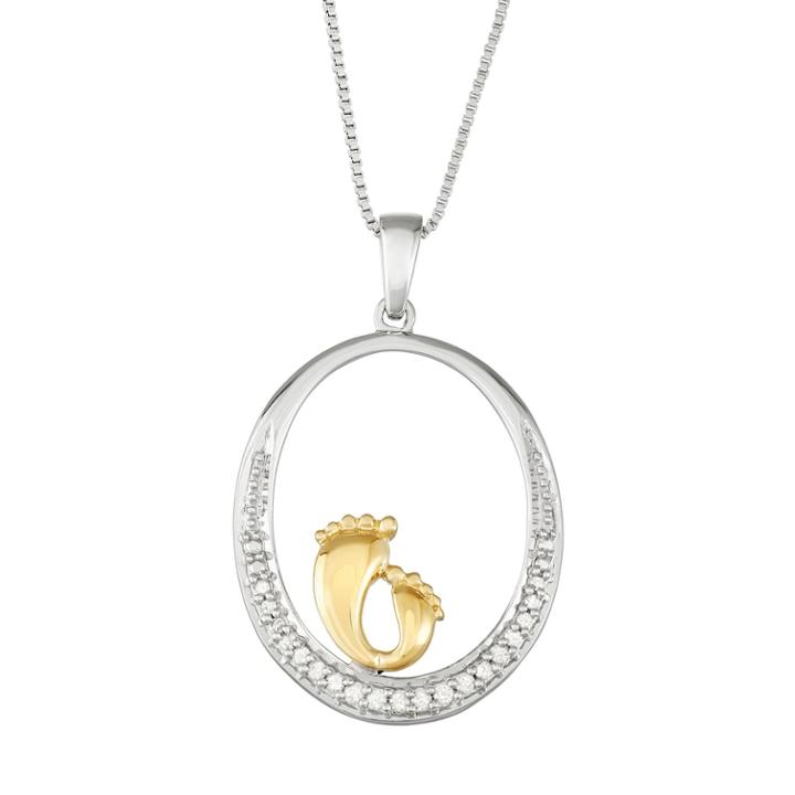 Two Tone Sterling Silver 1/10 Carat T.w. Diamond Motherly Love Feet Pendant, Women's, Size: 18, White