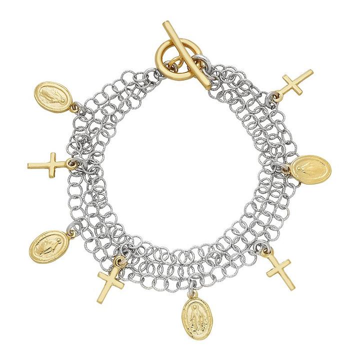 Two Tone Sterling Silver Cross & Virgin Mary Charm Bracelet, Women's, Size: 7.5, Grey