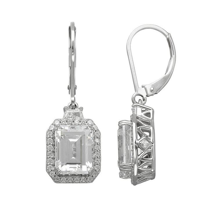 Emotions Cubic Zirconia Sterling Silver Rectangle Halo Drop Earrings, Women's, White