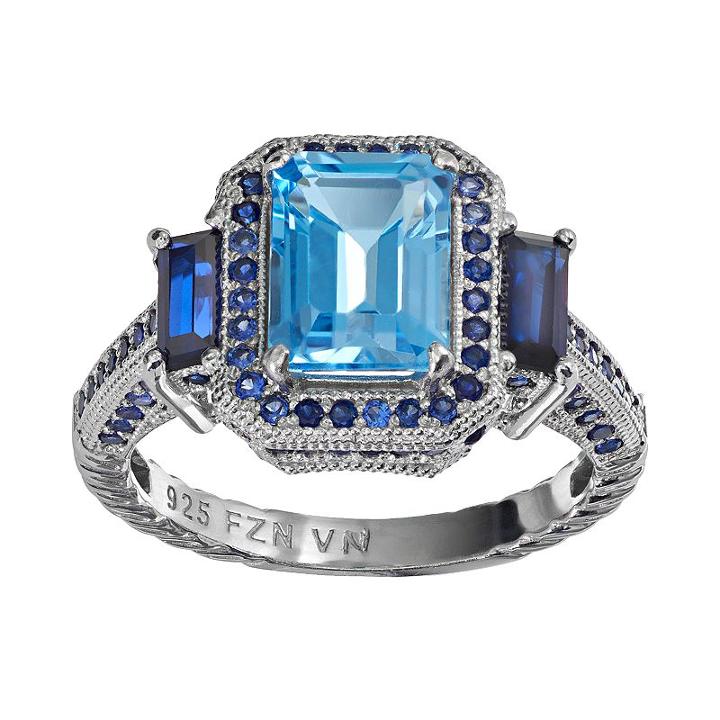 Blue Topaz And Lab-created Sapphire Sterling Silver Tiered Rectangle Ring, Women's, Size: 8