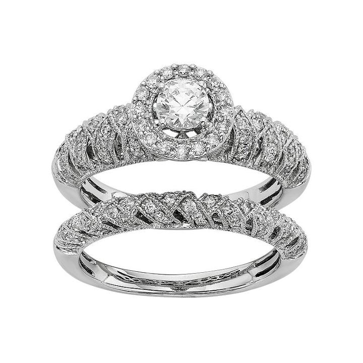Igl Certified Diamond Art Deco Halo Engagement Ring Set In 14k White Gold (1 Carat T.w.), Women's, Size: 6.50