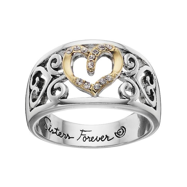 Love This Life Two Tone Silver Plated Crystal Sisters Forever Heart Ring, Women's, Size: 8, Grey