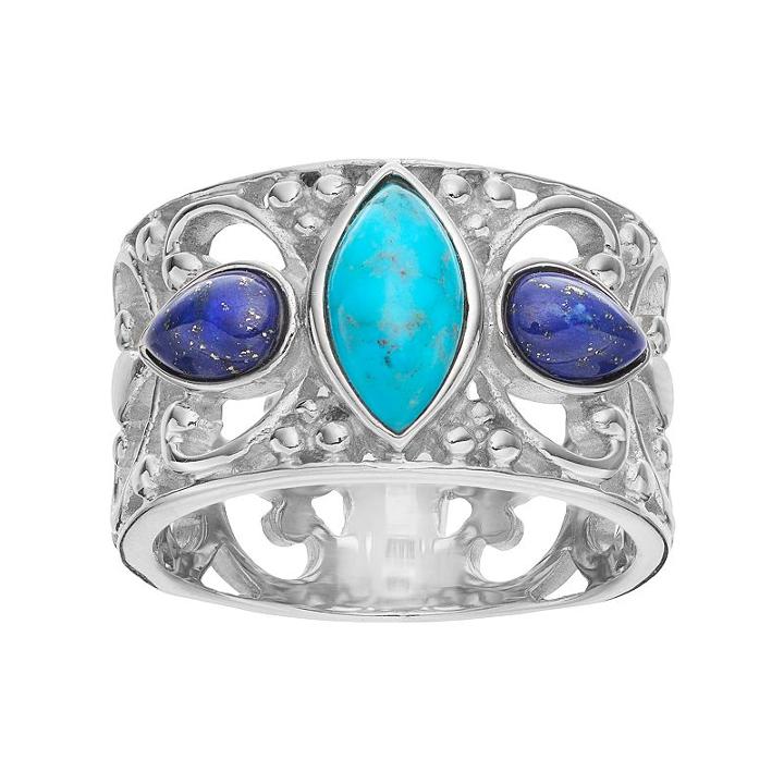 Sterling Silver Simulated Turquoise & Simulated Lapis Lazuli Cabochon Ring, Women's, Size: 9, Multicolor