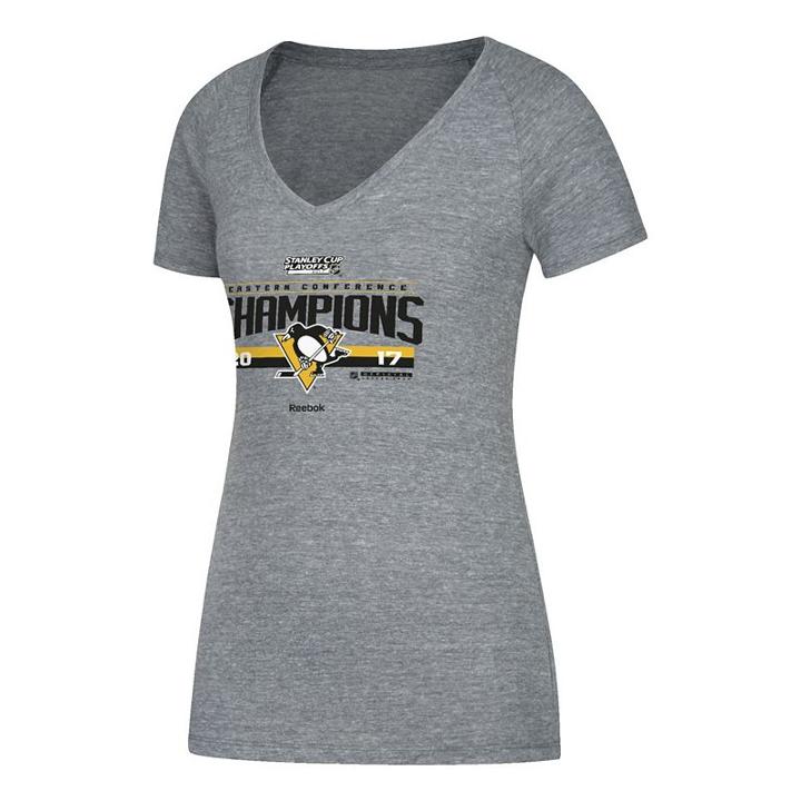 Women's Reebok Pittsburgh Penguins 2017 Conference Champions Locker Room Tee, Size: Small, Grey