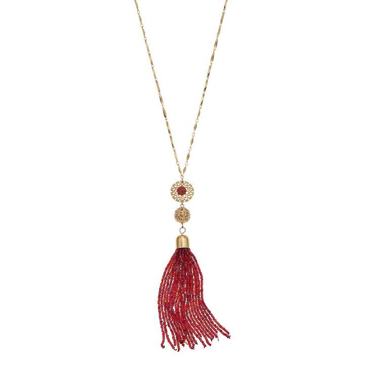 Long Red Seed Bead Tassel Necklace, Women's, Pink Other