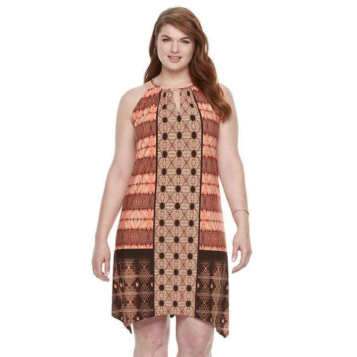 Plus Size Suite 7 Batik Patchwork Hankerchief Hem Dress, Women's, Size: 14 W, Orange Oth