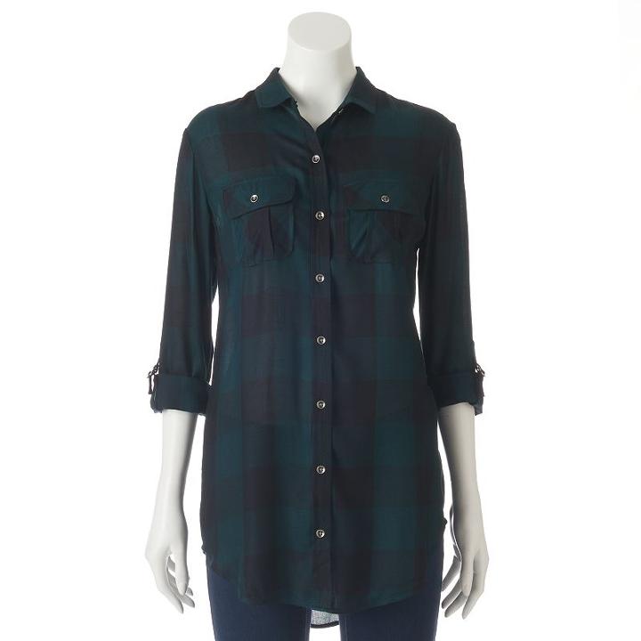 Women's Rock & Republic&reg; Plaid High-low Tunic, Size: Medium, Green