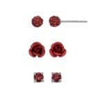 Silver Luxuries Silver Tone Crystal Fireball & Rose Stud Earring Set, Women's, Red