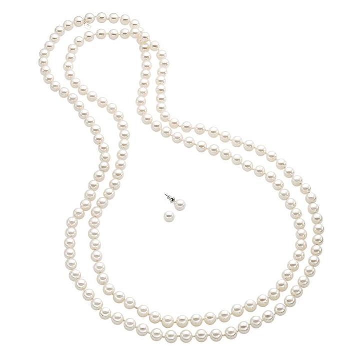 Silver Tone Simulated Pearl Long Necklace And Stud Earring Set, Women's, White