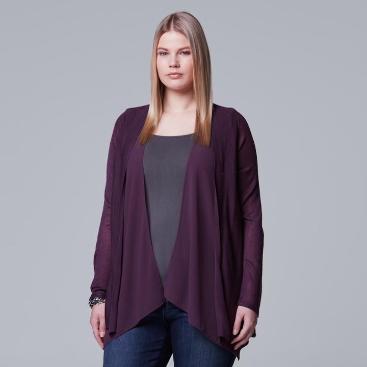 Plus Size Simply Vera Vera Wang Mixed-media Flyaway Cardigan, Women's, Size: 1xl, Med Purple