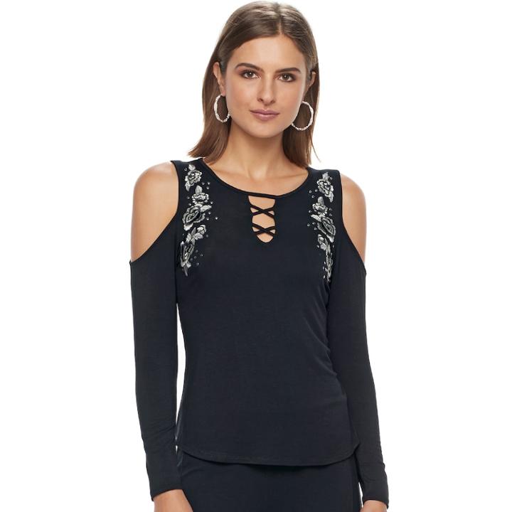 Women's Rock & Republic&reg; Embroidered Cold-shoulder Top, Size: Medium, Black