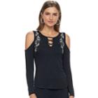 Women's Rock & Republic&reg; Embroidered Cold-shoulder Top, Size: Medium, Black