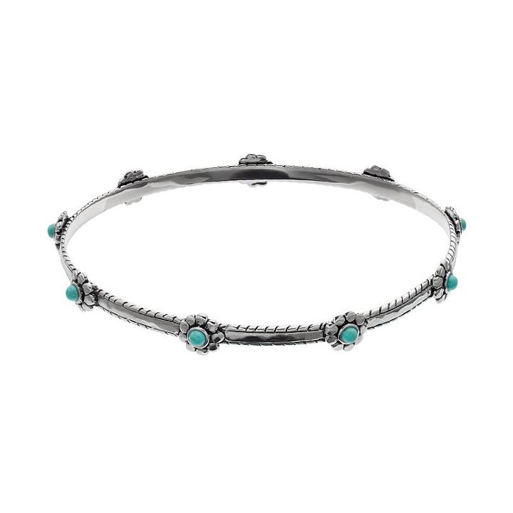 Sterling Silver Simulated Turquoise Flower Bangle Bracelet, Women's, Size: 8, Blue