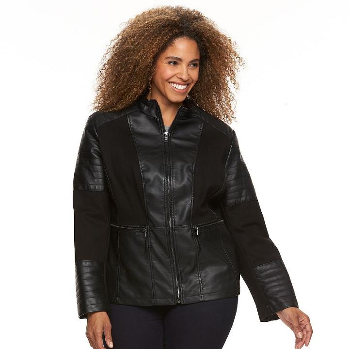 Plus Size Giacca Mixed-media Faux-leather Jacket, Women's, Size: 1xl, Black