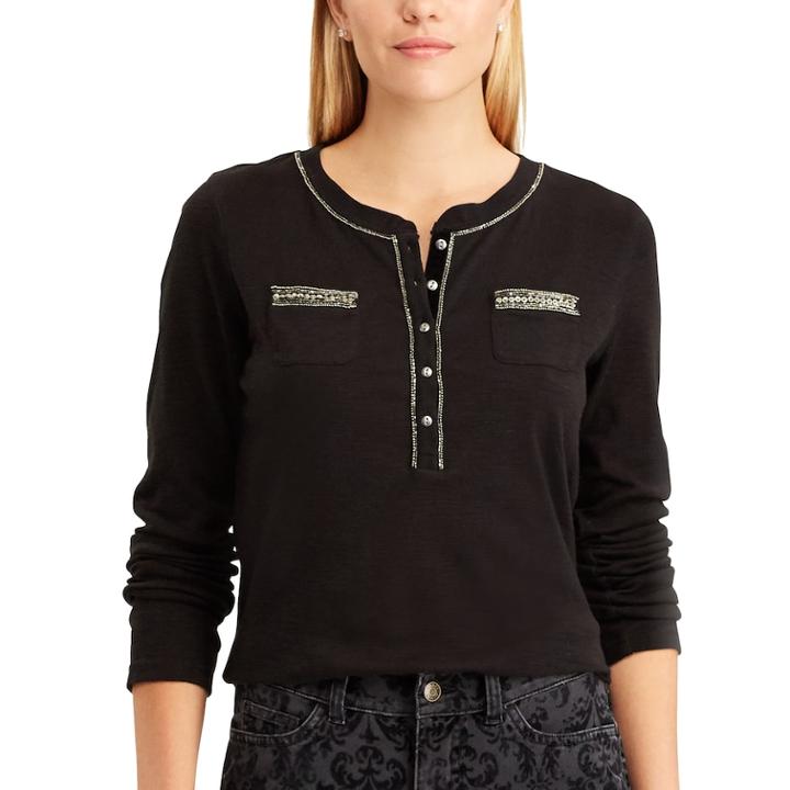 Women's Pocket Cotton Henley, Size: Medium, Black