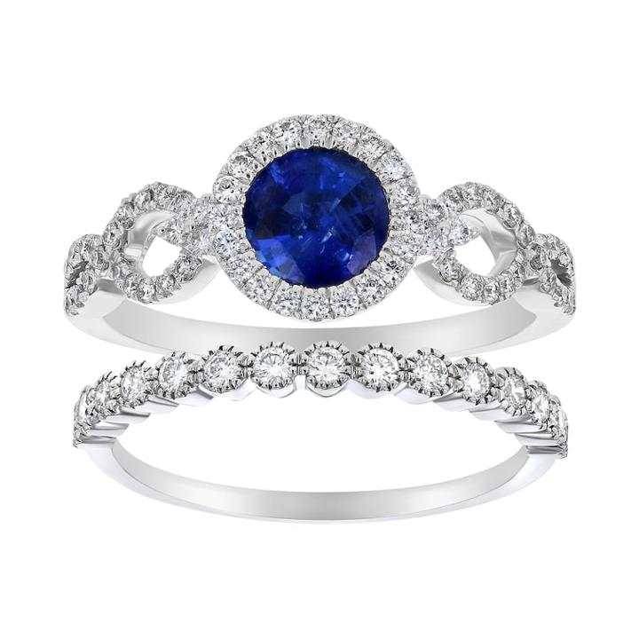 14k White Gold Sapphire & 5/8 Carat T.w. Diamond Halo Engagement Ring Set, Women's, Size: 7, Blue
