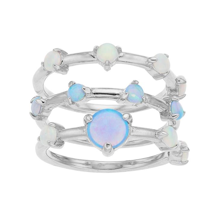 Sterling Silver Lab-created Opal 3 Piece Stack Ring Set, Women's, Size: 6, Blue