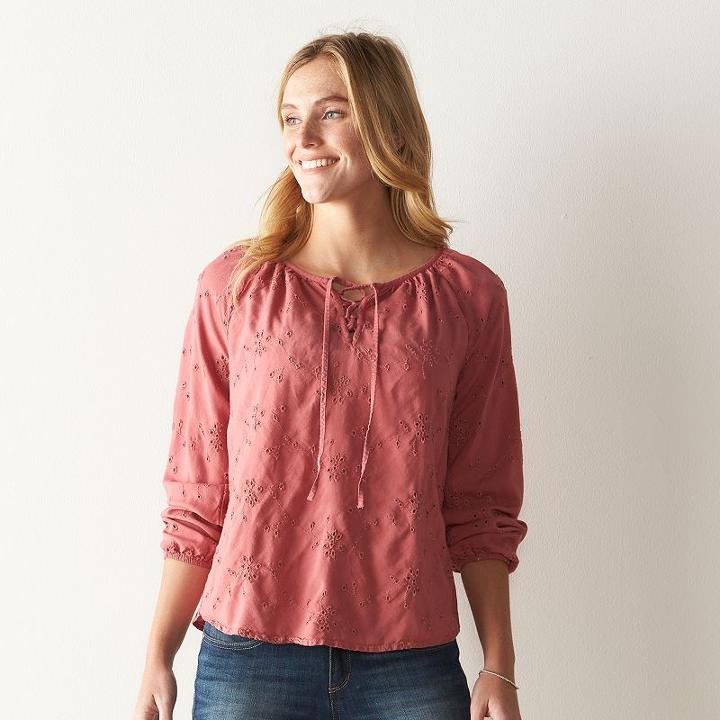 Women's Sonoma Goods For Life&trade; Eyelet Lace-up Peasant Top, Size: Large, Light Red