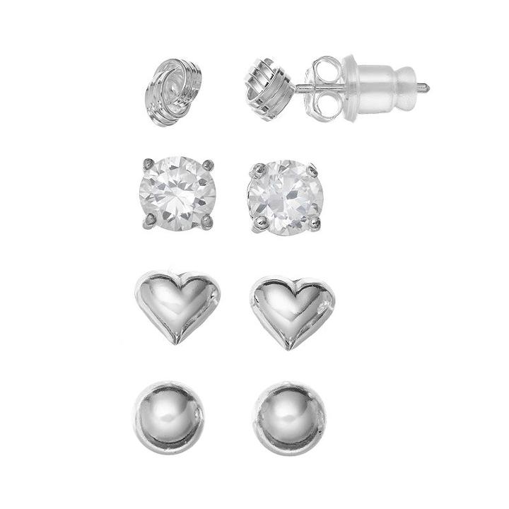 Pure 925 Cubic Zirconia Sterling Silver Heart, Love Knot & Ball Stud Earring Set, Women's, Grey