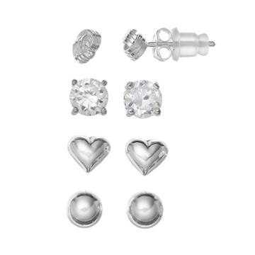 Pure 925 Cubic Zirconia Sterling Silver Heart, Love Knot & Ball Stud Earring Set, Women's, Grey