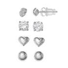 Pure 925 Cubic Zirconia Sterling Silver Heart, Love Knot & Ball Stud Earring Set, Women's, Grey