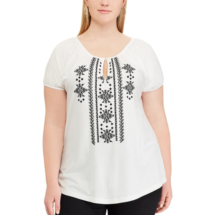 Plus Size Chaps Embroidered Top, Women's, Size: 3xl, White