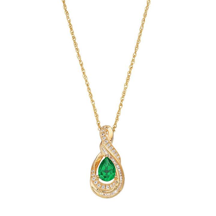10k Gold 1/6 Carat T.w. Diamond & Emerald Twist Teardrop Pendant, Women's, Size: 18, Green