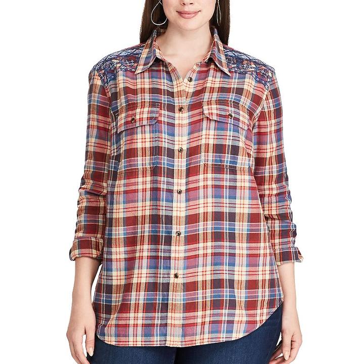 Plus Size Chaps Plaid Cotton Work Shirt, Women's, Size: 2xl, Lt Beige