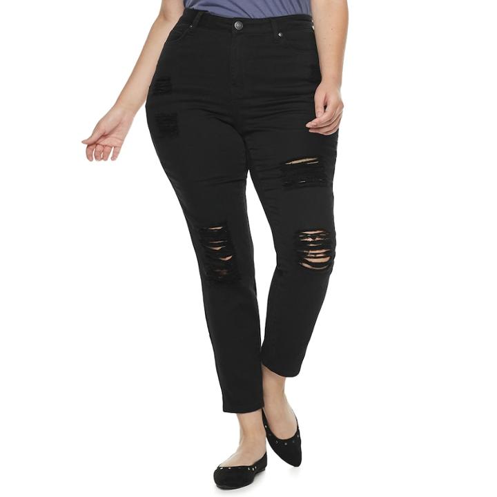 Juniors' Plus Size Almost Famous High-waisted Destructed Skinny Jeans, Teens, Size: 18, Black