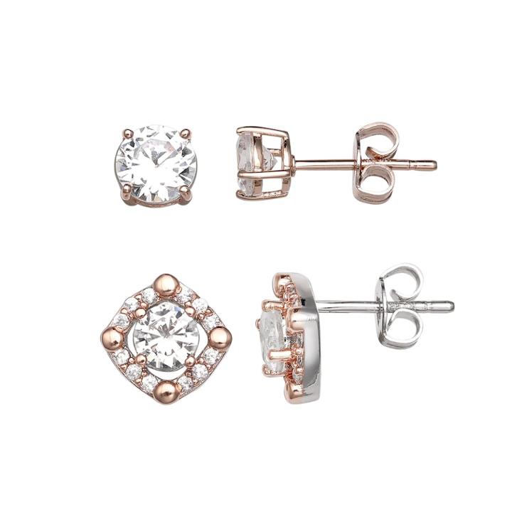 Primrose Rose Gold Tone Sterling Silver Cubic Zirconia Stud Earring Set, Women's, White