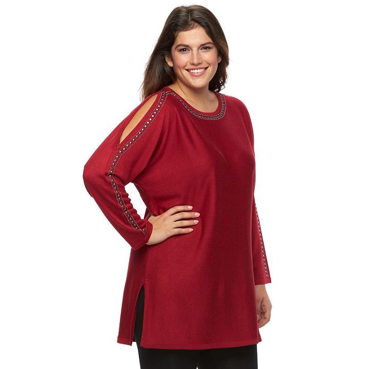 Plus Size Design 365 Studded Cold-shoulder Tunic Sweater, Women's, Size: 3xl, Red Overfl