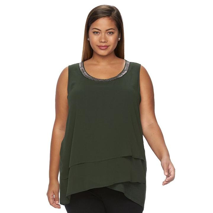 Plus Size Design 365 Embellished Asymmetrical Tiered Chiffon Sleeveless Top, Women's, Size: 1xl, Dark Green