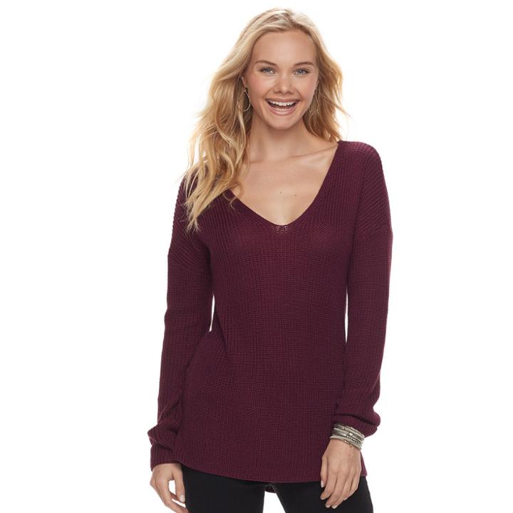 Juniors' Pink Rose Lattice Back V-neck Sweater, Teens, Size: Large, Brt Purple