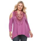 Plus Size World Unity Cold Shoulder Top With Tassle Scarf, Women's, Size: 1xl, Pink Other