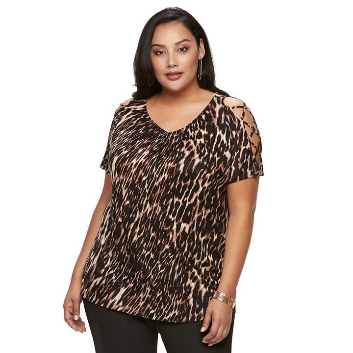 Plus Size Jennifer Lopez Lace-up Shoulder V-neck Top, Women's, Size: 1xl, Brown